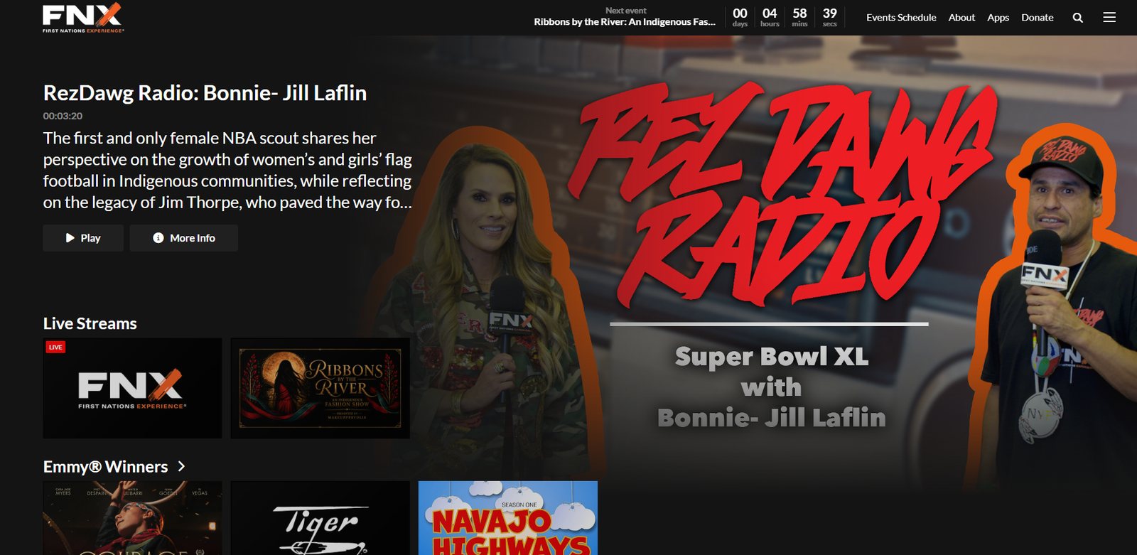 The FNX streaming home screen, featuring RezDawg Radio, live streams, and Emmy-winning programs
